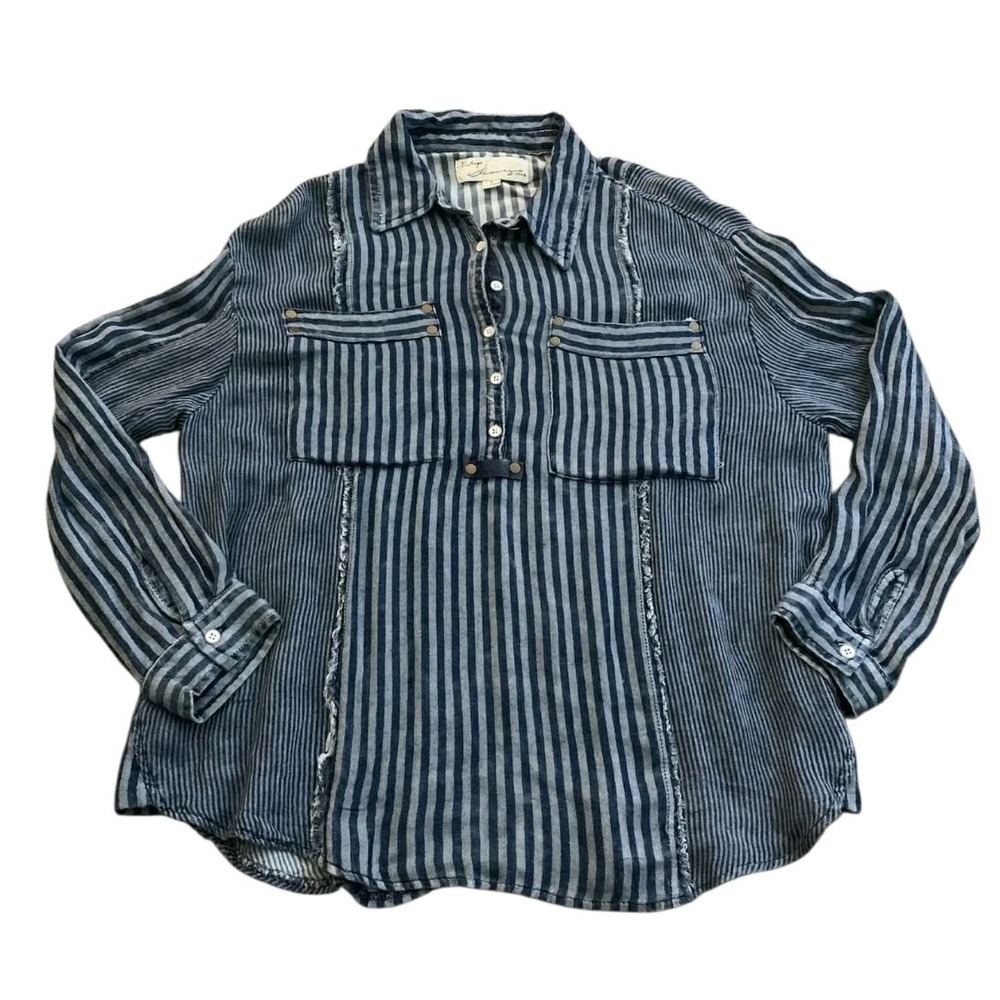 Vintage Havana Striped Henley Top Womens Small Blue Mixed Print Boho CC9818